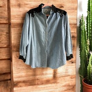 New Frontier Light Blue Denim Shirt with Black Suede Detailing